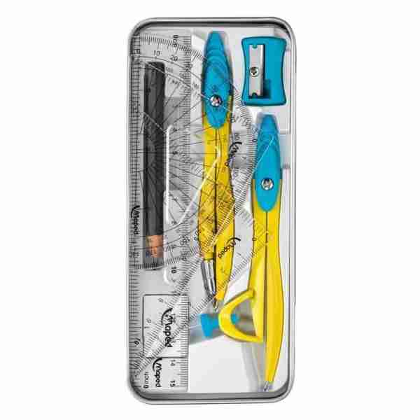 Boite Géométrique Métal 9 Pièces (2 Compas   outils traçage   Taille-Crayon   Gomme   Crayon) Maped